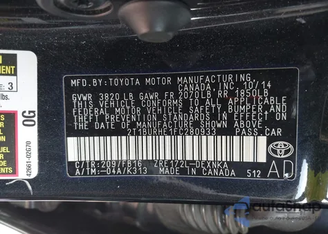 2015 Toyota Corolla Le Plus z USA, uszkodzony, nr VIN 2T1BURHE1FC280933